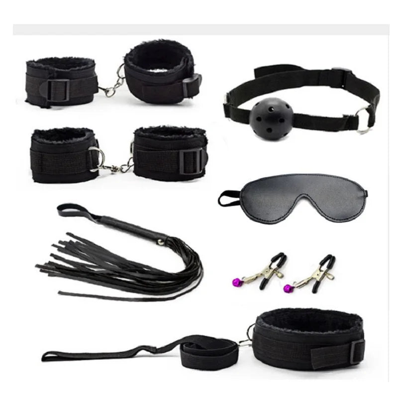 7 Pcs/set Sex Products Erotic Toys for Adults BDSM  Bondage Set Handcuffs Nipple Clamps Gag Whip Rope   For Couples