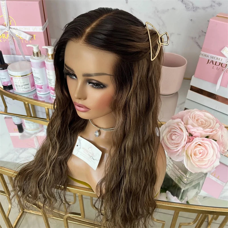 Dark Brown Base with Caramel and Blonde Highlight Synthetic Lace Front Wig European Hair Luxury Wig Preplucked Hairline Daily