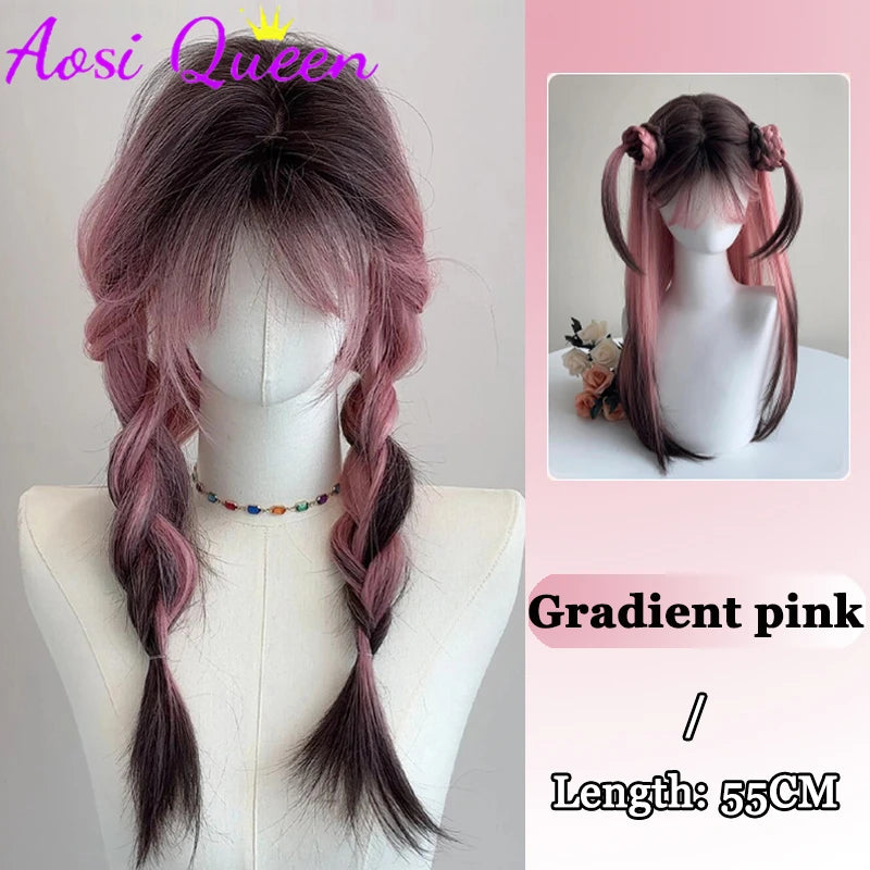 AOSI Synthetic Gray Ppurple With Bangs Gradient Long Curly Hair Ladies Wig Daily Wear Party COS Wig