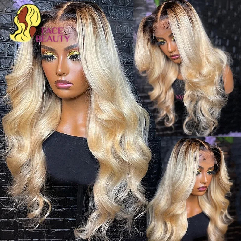 Full Lace Human Hair Wigs 1B 613 Ombre Blonde 13x6 Lace Front Wigs Dark Root Body Wave Brazilian Pre Plucked Remy Frontal Wig