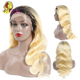 Full Lace Human Hair Wigs 1B 613 Ombre Blonde 13x6 Lace Front Wigs Dark Root Body Wave Brazilian Pre Plucked Remy Frontal Wig