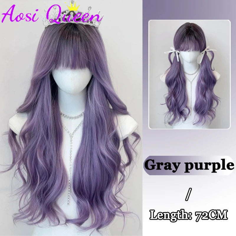 AOSI Synthetic Gray Ppurple With Bangs Gradient Long Curly Hair Ladies Wig Daily Wear Party COS Wig