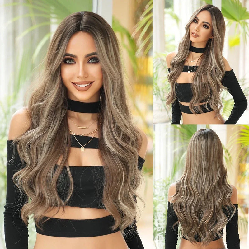 NAMM Long Wavy Honey Brown Wig Mid Split Highlight Beige Natural Synthetic Wig for Women Daily Party Cosplay Wigs Heat Resistan