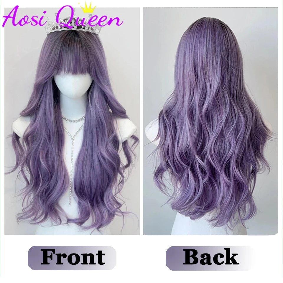 AOSI Synthetic Gray Ppurple With Bangs Gradient Long Curly Hair Ladies Wig Daily Wear Party COS Wig