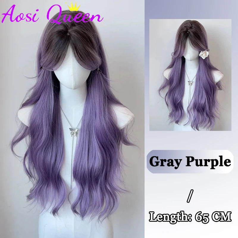 AOSI Synthetic Gray Ppurple With Bangs Gradient Long Curly Hair Ladies Wig Daily Wear Party COS Wig