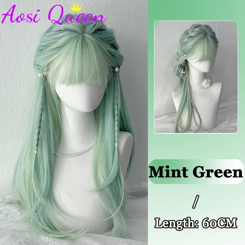 AOSI Synthetic Gray Ppurple With Bangs Gradient Long Curly Hair Ladies Wig Daily Wear Party COS Wig