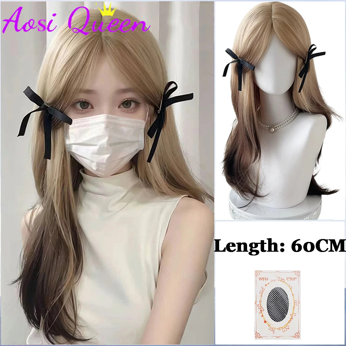 AOSI Synthetic Gray Ppurple With Bangs Gradient Long Curly Hair Ladies Wig Daily Wear Party COS Wig