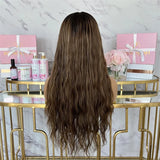 Dark Brown Base with Caramel and Blonde Highlight Synthetic Lace Front Wig European Hair Luxury Wig Preplucked Hairline Daily