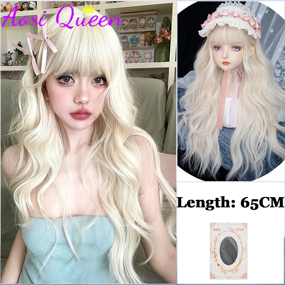 AOSI Synthetic Gray Ppurple With Bangs Gradient Long Curly Hair Ladies Wig Daily Wear Party COS Wig