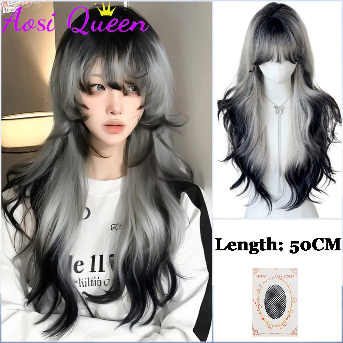AOSI Synthetic Gray Ppurple With Bangs Gradient Long Curly Hair Ladies Wig Daily Wear Party COS Wig
